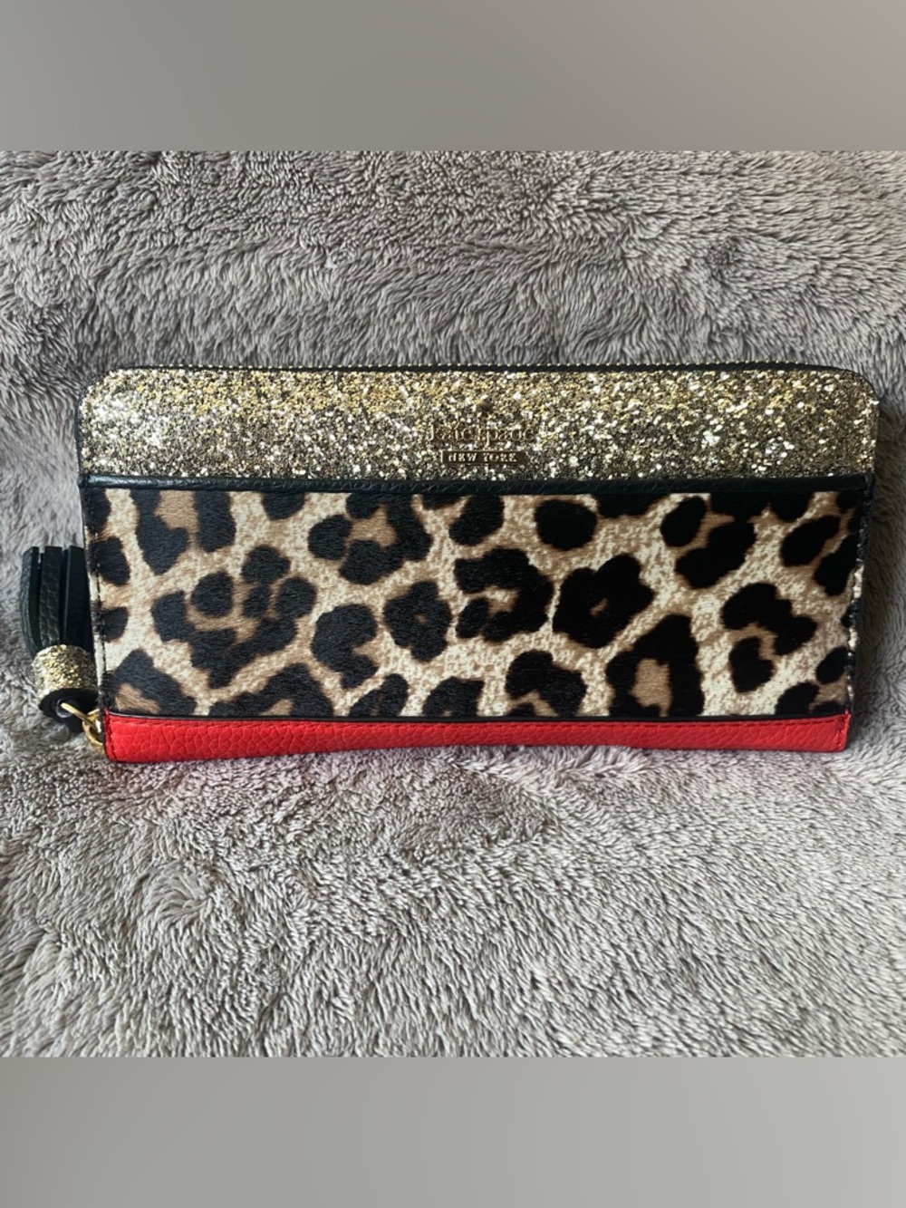 NWT Kate Spade Calf Hair Leopard Print Glitter Mullins Place Wallet